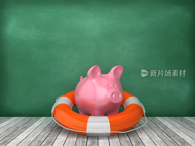 救生带与小猪银行在木地板上-黑板背景- 3D渲染